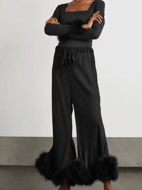 SLEEPER Boudoir Feather Trim Pant Trousers in Black Size M/XL